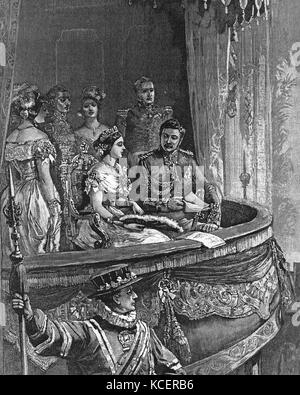 Kupferstich mit der Darstellung der königlichen Besuch von Königin Victoria (1819-1901) und Prinz Albert (1819-1861) bis zur Oper. Vom 19. Jahrhundert Stockfoto