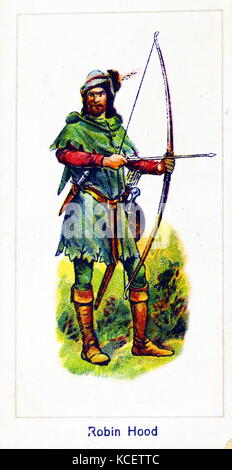 London Zigarette Unternehmenskarte 1924 Darstellung: Robin Hood ist eine heroische Outlaw in Englisch Folklore, die der Legende nach, war ein in hohem Grade erfahrenen Bogenschützen und Schwertkämpfer. Traditionell wie in Lincoln gekleidet werden grün dargestellt Stockfoto