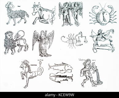 Abbildung: Darstellung der 12 Tierkreiszeichen. Vom 15. Jahrhundert Stockfoto