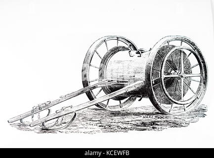 Kupferstich mit der Darstellung eines Wasser Gerätewagen für den Kessel einer Dampfmaschine in mechanische Pflügen verwendet. Vom 19. Jahrhundert Stockfoto