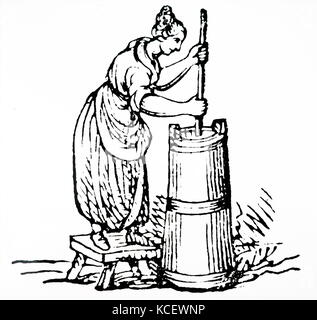Gravur Darstellung einer sennerin churning Butter. Vom 19. Jahrhundert Stockfoto