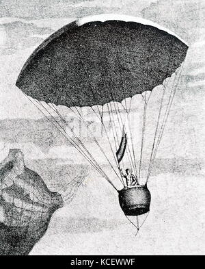 Gravur Darstellung André-Jacques Garnerin seinen ersten Fallschirm Abstieg zu machen. André-Jacques Garnerin (1769-1823) eine französische Ballonfahrer und Erfinder der rahmenlosen Fallschirm. Vom 18. Jahrhundert Stockfoto