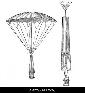 Gravur Darstellung André-Jacques Garnerin der Fallschirm Design. André-Jacques Garnerin (1769-1823) eine französische Ballonfahrer und Erfinder der rahmenlosen Fallschirm. Vom 19. Jahrhundert Stockfoto