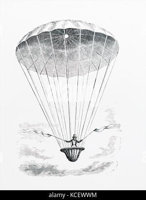 Gravur Darstellung André-Jacques Garnerin seinen ersten Fallschirm Abstieg zu machen. André-Jacques Garnerin (1769-1823) eine französische Ballonfahrer und Erfinder der rahmenlosen Fallschirm. Vom 18. Jahrhundert Stockfoto