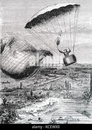 Gravur Darstellung André-Jacques Garnerin seinen ersten Fallschirm Abstieg zu machen. André-Jacques Garnerin (1769-1823) eine französische Ballonfahrer und Erfinder der rahmenlosen Fallschirm. Vom 18. Jahrhundert Stockfoto