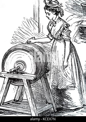 Kupferstich mit der Darstellung eines Butter maid churning Butter. Vom 19. Jahrhundert Stockfoto