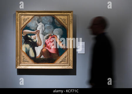 Köln, Deutschland. Oktober 2017. Das Gemälde 'Deukalion und Pyrrha beten vor der Statue der Göttin Themis' (1541/42) des Malers Jacopo Tintoretto ist in der Ausstellung 'Tintoretto - Ein Stern wurde geboren' im Wallraf Richartz Museum in Köln am 4. Oktober 2017 zu sehen. Die Ausstellung zum 500. Geburtstag des venezianischen Malers mit Leihgaben aus London, Madrid, Mailand, Rom, Venedig und Washington, unter anderem ist es vom 6. Oktober 2017 bis zum 28. Januar 2018 geöffnet. Quelle: Rolf Vennenbernd/dpa/Alamy Live News Stockfoto