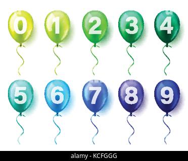 Realistische bunten glänzenden fliegen Luftballons mit Zahlen set isoliert. Geburtstagsparty. Ribbon. Feier. Hochzeit oder Jubiläum. Stock Vektor