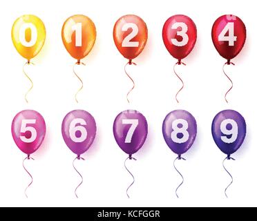 Realistische bunten glänzenden fliegen Luftballons mit Zahlen set isoliert. Geburtstagsparty. Ribbon. Feier. Hochzeit oder Jubiläum. Stock Vektor