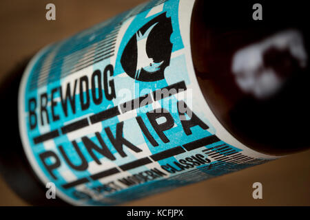 Eine Nahaufnahme von einer Flasche Punk IPA von der Schottischen gebraut gegründete Brauerei BrewDog (nur redaktionelle Nutzung). Stockfoto