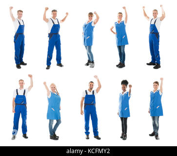 Collage von Happy hausmeister Anheben der Arme gegen den weißen Hintergrund Stockfoto