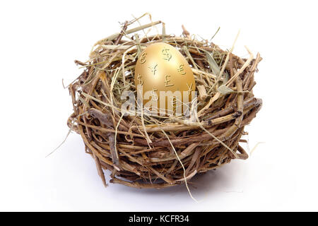 Goldene Ei mit Euro, Dollar, Yen und Pfund Sterling Symbole im Bird's Nest auf weißem Hintergrund Stockfoto