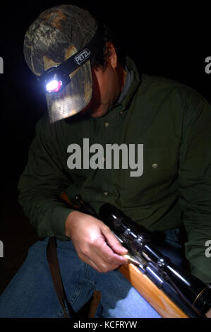 Ein Deer Hunter in Texas sein Jagdgewehr mit Hilfe eines Scheinwerfers Stockfoto