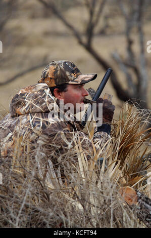 Eine Ente, Hunter in der Tarnung anrufe Enten aus einem Sumpf in South Texas Stockfoto