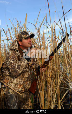 Eine Ente, Hunter in der Tarnung anrufe Enten aus einem Sumpf in South Texas Stockfoto