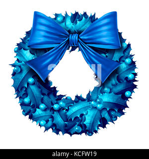 Blauer Kranz isoliert auf weißem Hintergrund als weihnachtsfeiertag-Ornament-Objekt als 3D-Illustration. Stockfoto