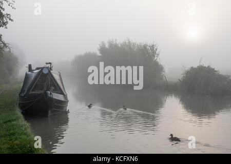 Am frühen Morgen beginnt im Herbst Nebel steigen auf der Ashby-de-la-zouche Kanal, in der Nähe von Stoke Golding. Stockfoto