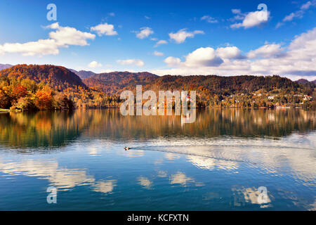 Bunte Herbst am See von Bled, Slowenien. Tolle Aussicht auf den Bleder See mit Mountain Range. Slowenien, Europa Stockfoto