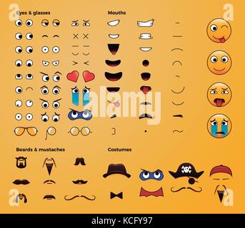 Ihre eigenen Emoji smiley machen. vector eps Datei leicht bearbeitbaren für Sie Tausende Ihrer eigenen Variationen von Emoticons zu machen. Augen, Münder, Bärte, Acces Stock Vektor