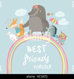 Glückliche Tiere gehen auf Rainbow Stock Vektor
