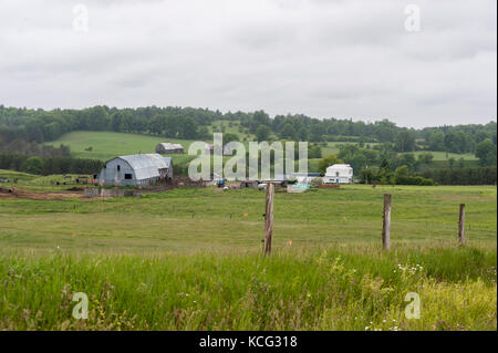 Erhöhten Blick auf einem Bauernhof, in einem Tal in den Hügeln gelegen. Stockfoto
