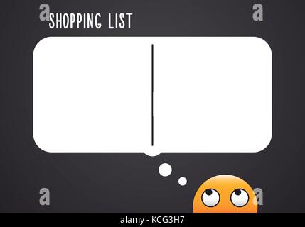 Einkaufsliste mit Kopie Raum für ihr eigenes Personal Shopping Erinnerung. Vector Illustration Konzept mit emoticon, darüber nachzudenken, was er braucht einen zu kaufen Stock Vektor