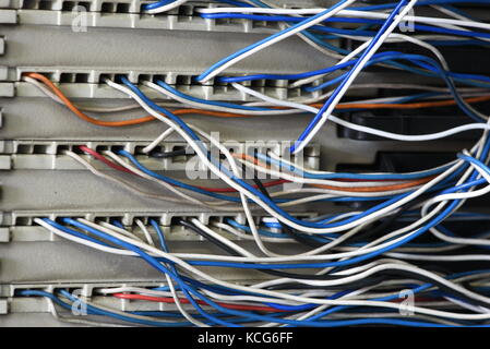 Telekommunikation Hauptverteiler mit Kabeln, Nahaufnahme Stockfoto