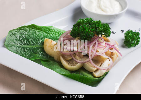 Aperitif des eingelegte Pilze mit Kräutern, Zwiebeln und saure Sahne Stockfoto