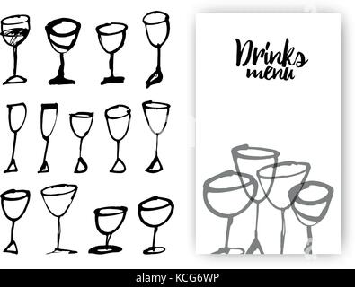 Satz von Hand gezeichnet drink Cups. Idea Design mit Getränk Gläser für das Menü. Vector Illustration Stock Vektor