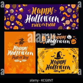 Halloween, Trick or Treat Banner. Feiertagssymbol, Grußkarte. Illustration des Schriftvektors Stock Vektor