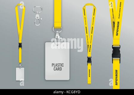 Satz von Lanyard und Abzeichen. Abzeichen Kreditkarte messen. Metal Stück. Für die Präsentation der Vorlage. realistische Vector Illustration. Stock Vektor