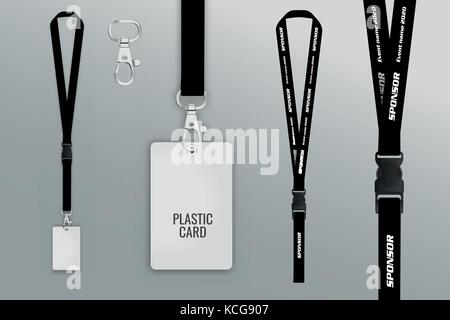 Satz von Lanyard und Abzeichen. Abzeichen Kreditkarte messen. Metal Stück. Für die Präsentation der Vorlage. realistische Vector Illustration. Stock Vektor