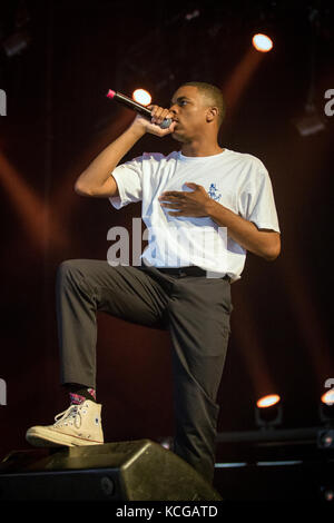 Der US-amerikanische Rapper Vince Staples führt ein Live-Konzert auf dem norwegischen Musikfestival Øyafestivalen 2015 in Oslo durch. Norwegen, 15/08 2015. Stockfoto