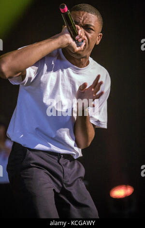 Der US-amerikanische Rapper Vince Staples führt ein Live-Konzert auf dem norwegischen Musikfestival Øyafestivalen 2015 in Oslo durch. Norwegen, 15/08 2015. Stockfoto