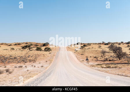 Die c17-Straße in der südlichen Kalahari Gebiet von Namibia über viele überwucherte rote Sanddünen Stockfoto