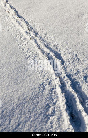Eine Nahaufnahme der Fußspuren eine links auf dem Schnee im Winter ...