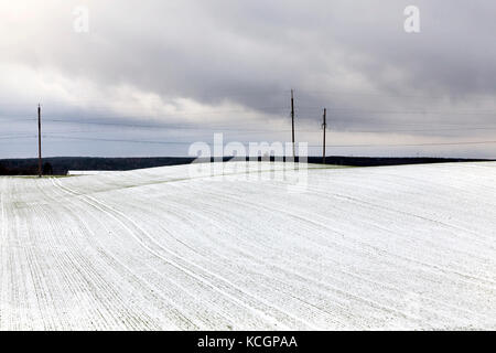 Elektrischen Polen mit Elektro-Linien im Feld. Wintersaison. Auf dem grünen Rasen liegt der Schnee Stockfoto