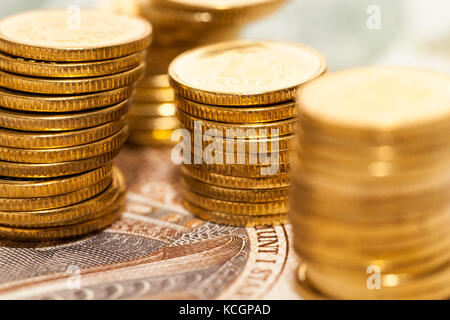 Polnische Banknoten und Münzen fotografiert Nahaufnahme. Gezeigten Details des Geldes mit internationalen Bezeichnung - PLN flache Schärfentiefe, Foto her Stockfoto