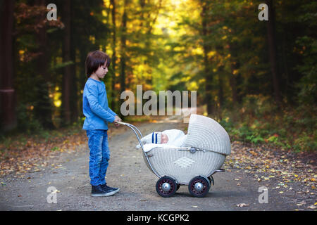 Süße Vorschule Junge seine kleinen neugeborenen Baby Boy, Schlafen im alten retro Stroller im Wald, Herbst, Schal gewickelt und gestrickt hat. Darstellen Stockfoto