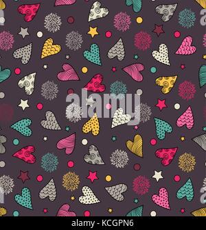 Die abstrakte nahtlose Valentine süße Muster mit Herzen, Blumen und Sterne Stock Vektor