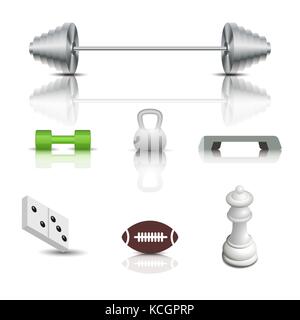 Realistische Sport- und Spielsymbole mit Schatten und Spiegelreflexen. Isoliert auf weißem Hintergrund, Vektorillustration. Stock Vektor