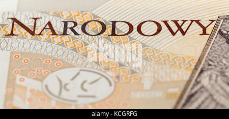 Polnische Banknoten fotografiert Nahaufnahme. Gezeigten Details der Rechnungen. Internationale Bezeichnung - PLN Stockfoto
