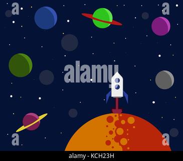 Vector Illustration der kosmischen Himmel mit Planeten und Sternen. weltraumrakete weg von dem Planeten. Stock Vektor