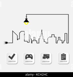Vector Illustration. infografik Muster in Form einer Stadt Gliederung und eine Lampe. 3D-Stil mit Icons und Buttons. Für geschäftliche Präsentationen, e Stock Vektor