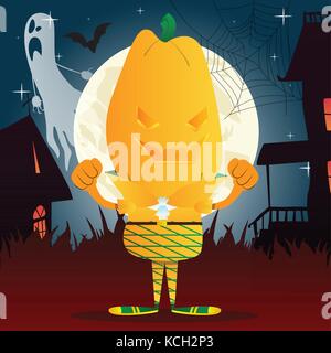 Glücklich lächelnde Jack o'Lantern mit orange Kürbis statt eines Kopfes. Vector Halloween cartoon Charakter. Stock Vektor