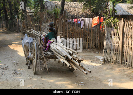 Ein Mann und eine junge Reiter in einem Ochsenkarren geladen mit Bambusstangen im Dorf Yandabo auf dem Irrawaddy Fluss in Myanmar (Burma). Stockfoto