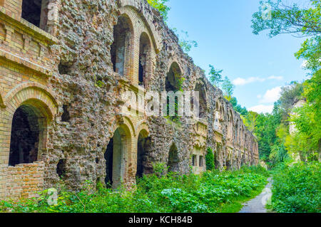 Tarakaniv Fort ist ein berühmtes Verteidigungsgebäude, heute in Ruinen umgeben von üppigem Grün, Dubno, Ukraine Stockfoto