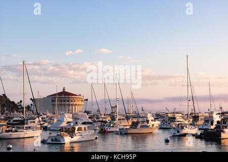 Sunrise Seascape in Avalon Hafen, gegenüber dem Casino mit Yachten, Fischerboote und Segelboote in der Bucht suchen. Luxus Resort, touristische Attraktion Stockfoto