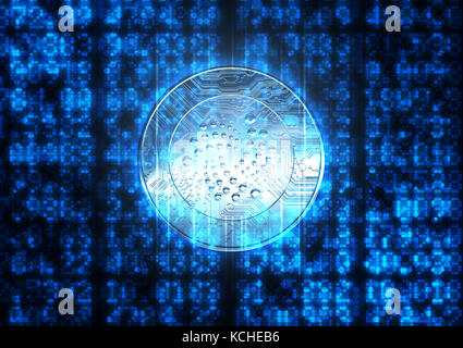 Eine Abflachung der digitalen Code und numerische Ziffern mit einer Überlagerung einer Iota cryptocurrency in ein holographisches Licht form Stockfoto