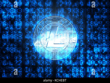 Eine Abflachung der digitalen Code und numerische Ziffern mit einer Überlagerung einer litecoin cryptocurrency in ein holographisches Licht form Stockfoto